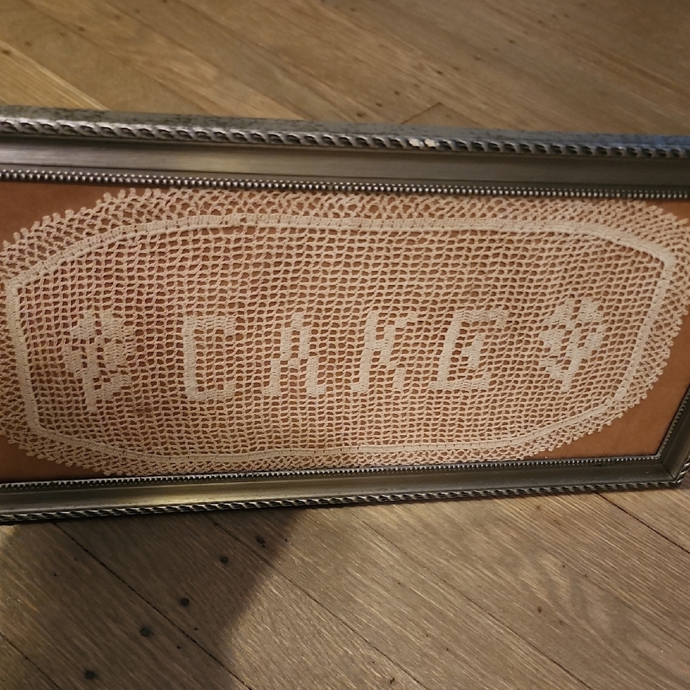 Filet Crochet Lace Doily W/ word "CAKE" Art w/Silver Frame VTG Celebration Party - Picture 3 of 9